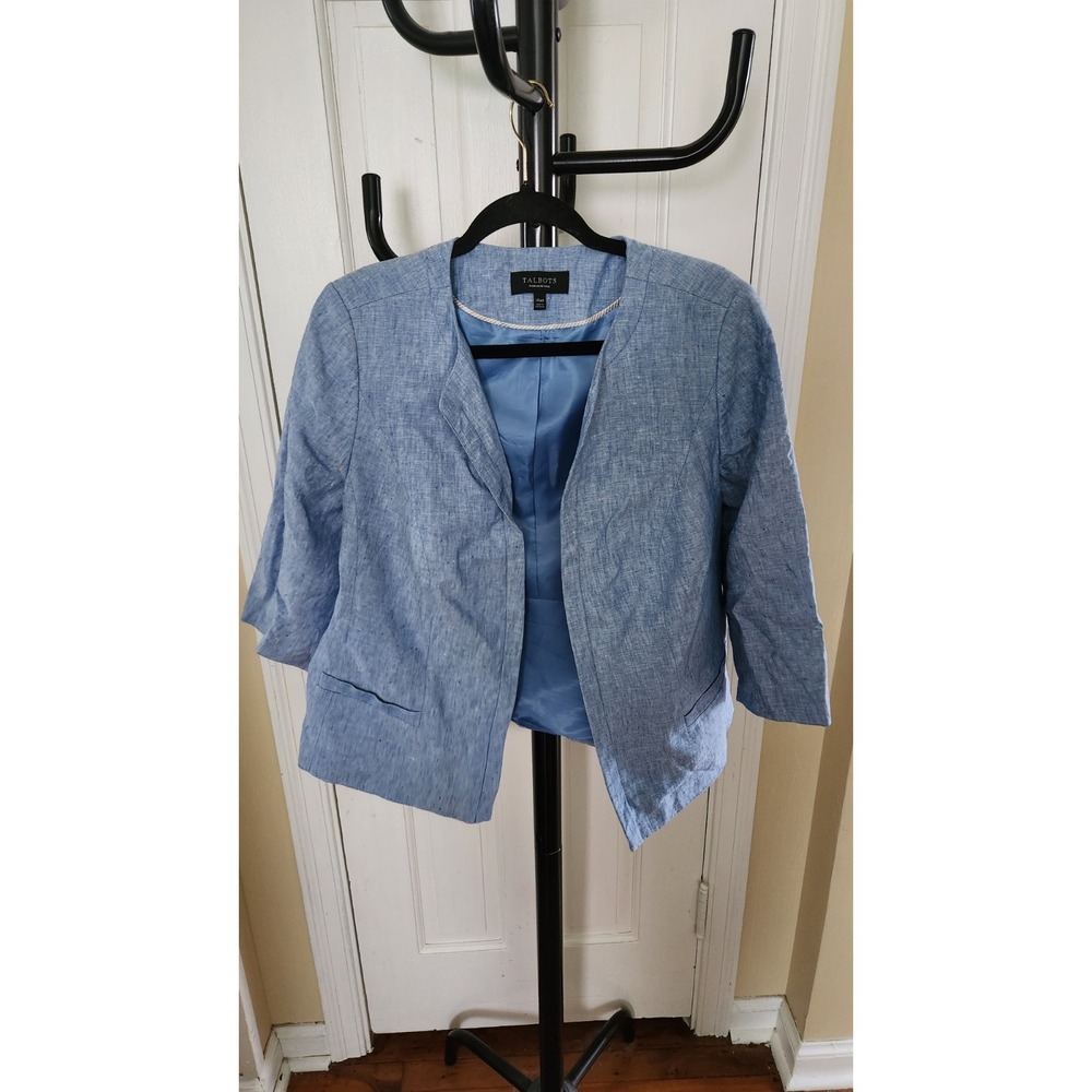 Talbots Womens 3/4 Sleeve Open Front Blazer Jacket Blue 100% Linen Size 14WP